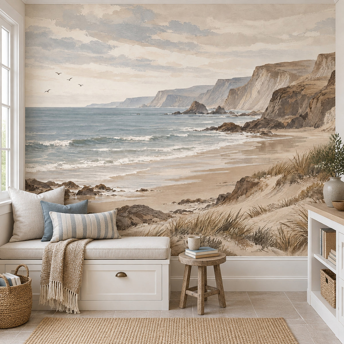 Watercolor Coastal Cliffs Wallpaper Neutral Seaside Wall Mural