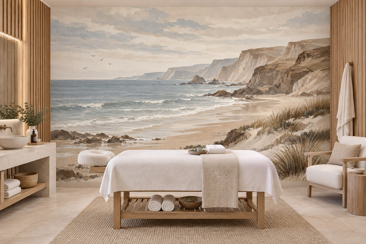 Watercolor Coastal Cliffs Wallpaper Neutral Seaside Wall Mural