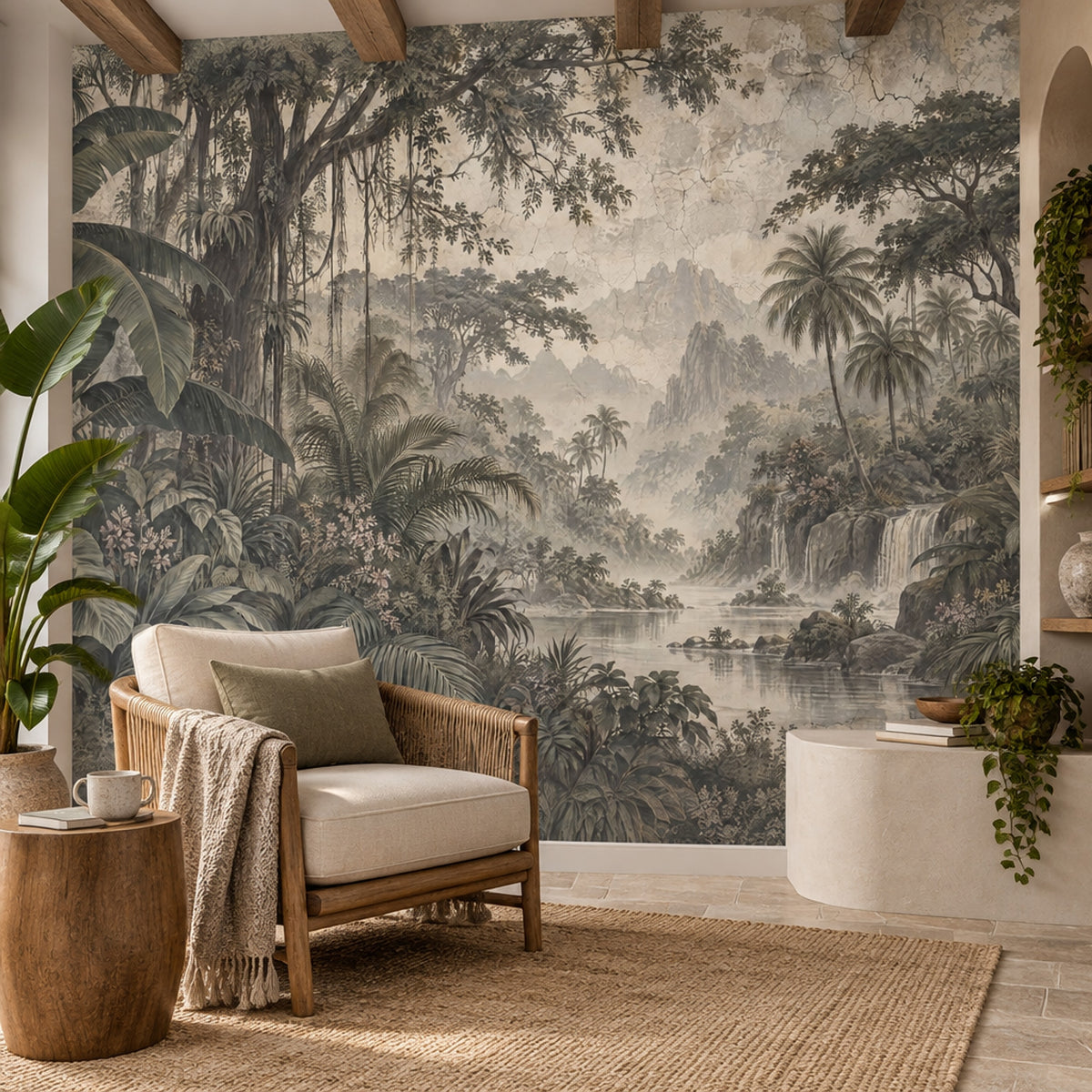 Tropical Jungle Waterfall Wallpaper Vintage Landscape Wall Mural