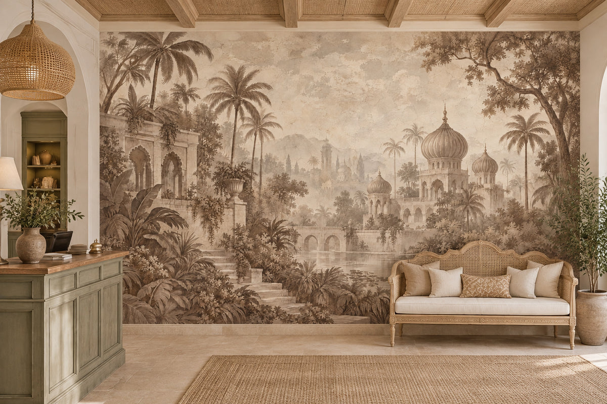 Sepia Tropical Palace Wallpaper Ornate Domes Wall Mural