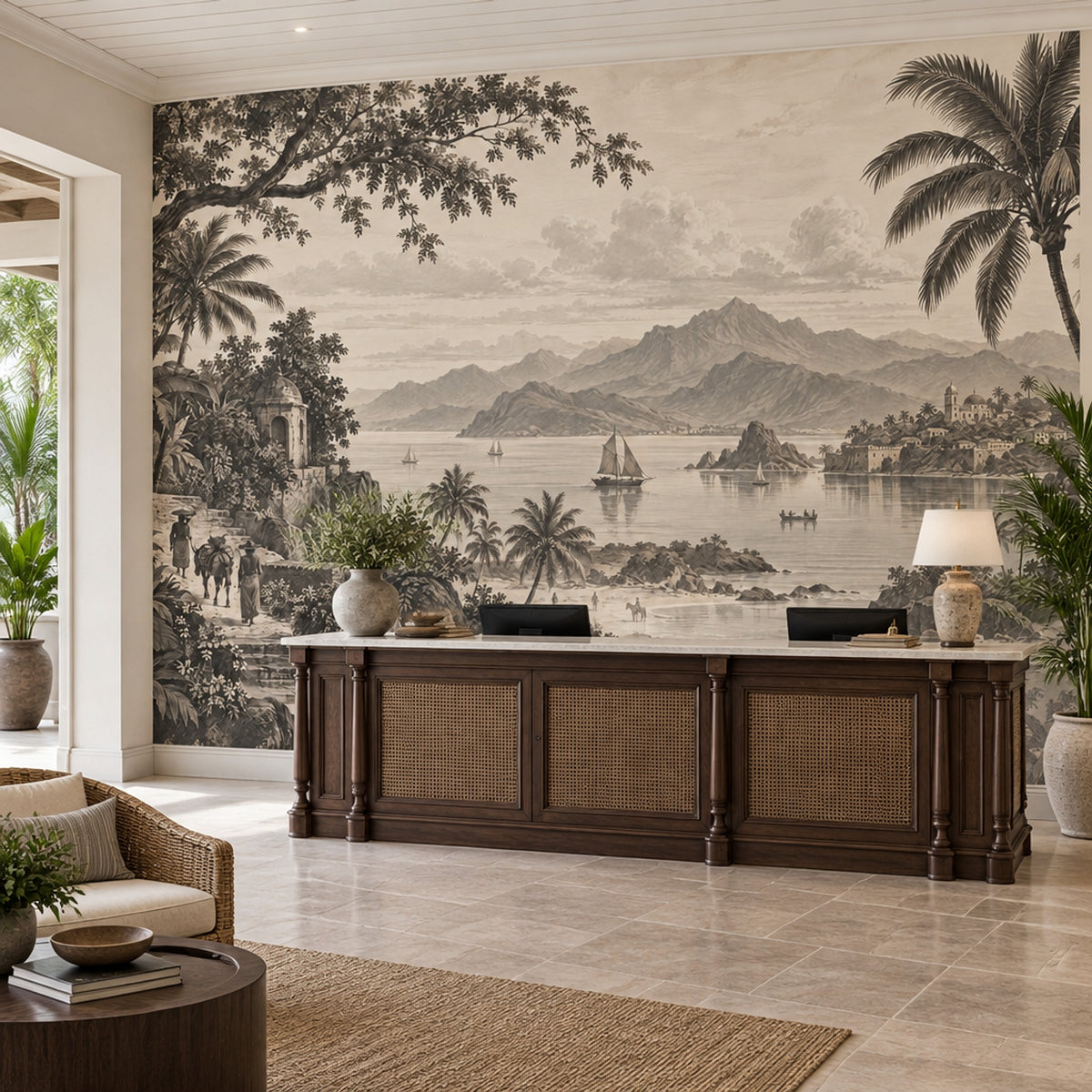 Sepia Tropical Coastline Wallpaper Vintage Panorama Wall Mural
