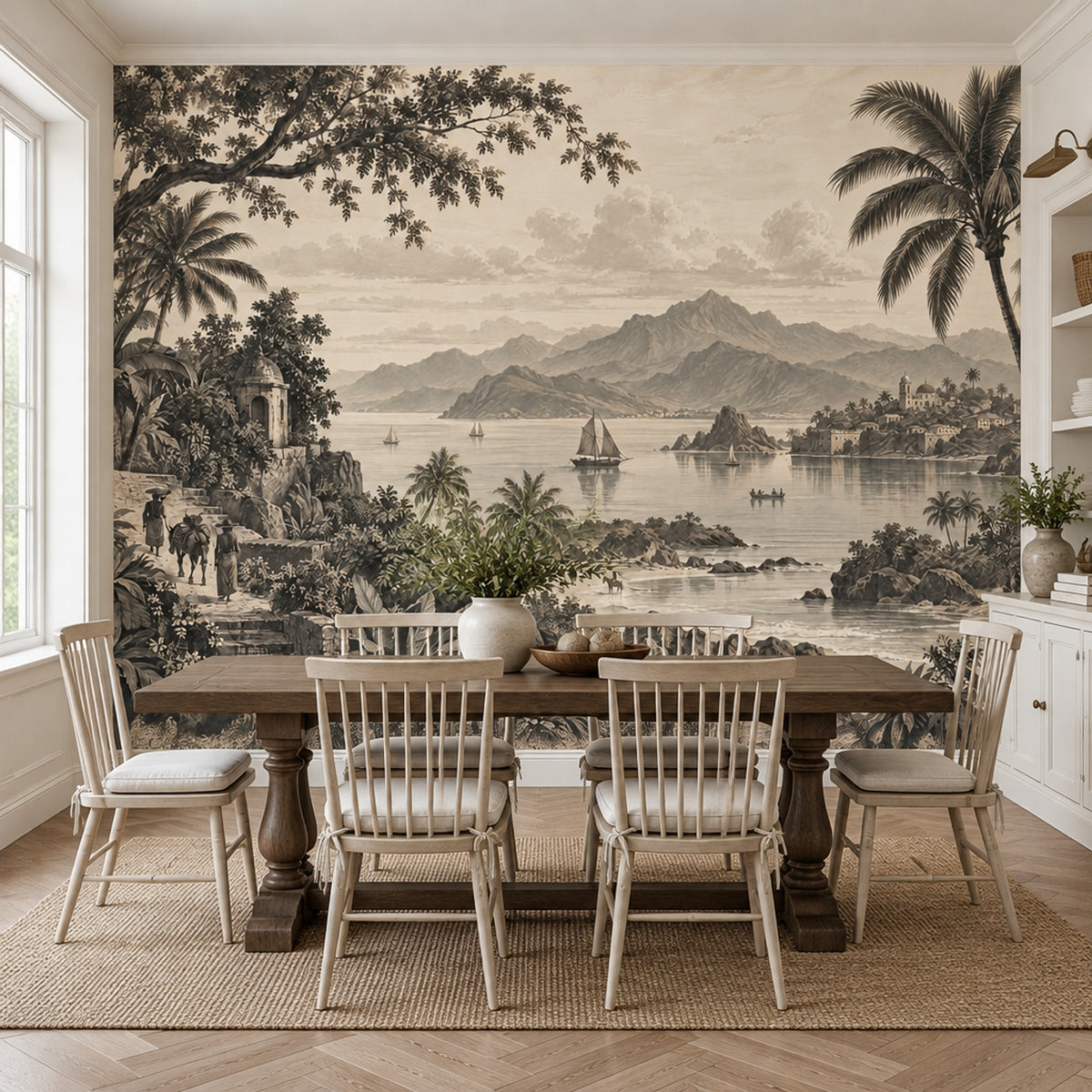 Sepia Tropical Coastline Wallpaper Vintage Panorama Wall Mural