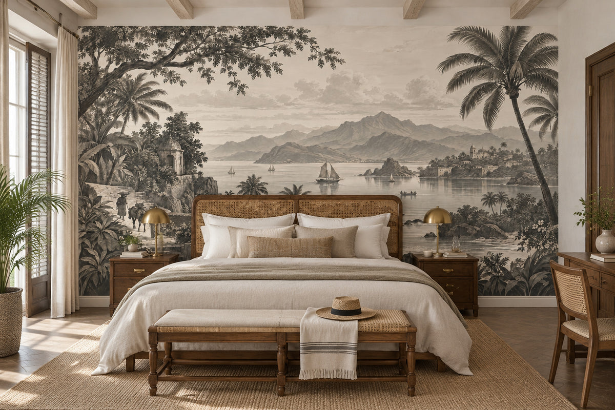 Sepia Tropical Coastline Wallpaper Vintage Panorama Wall Mural