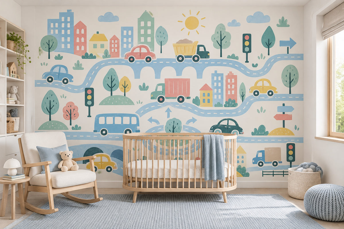 Pastel City Map Roads Wallpaper Kids Traffic Wall Mural