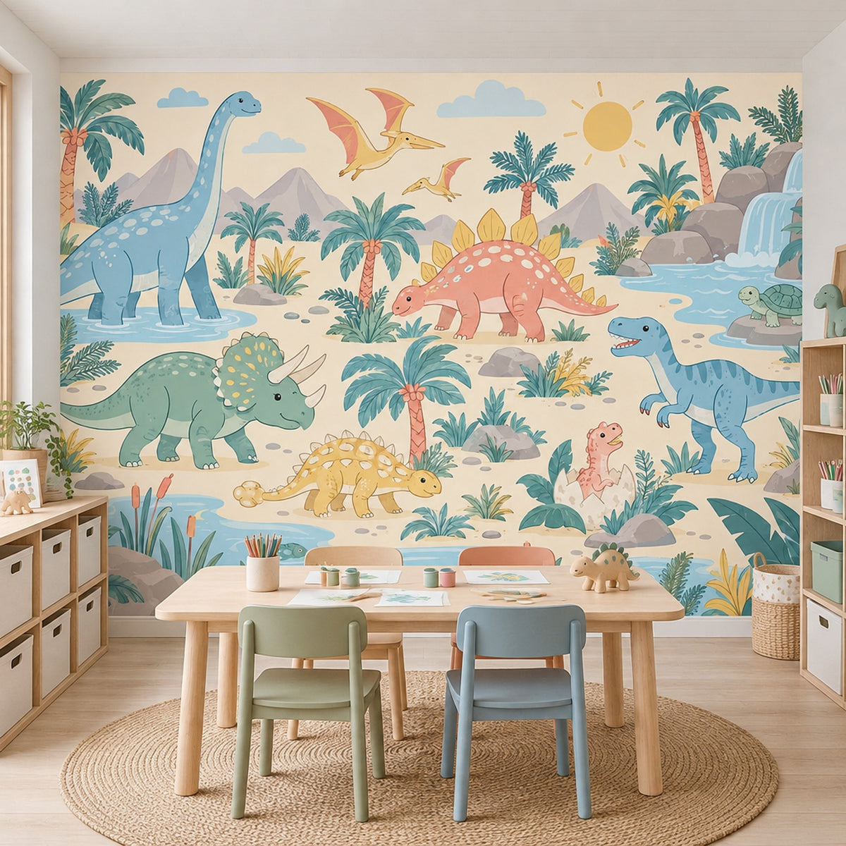 Cute Dinosaur Landscape Wallpaper Pastel Jungle Wall Mural