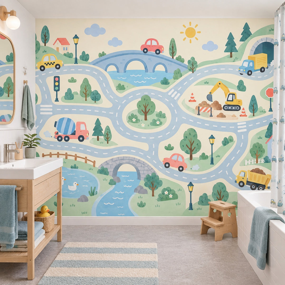 Kids Road Map Town Wallpaper Playful Landscape Wall Mural
