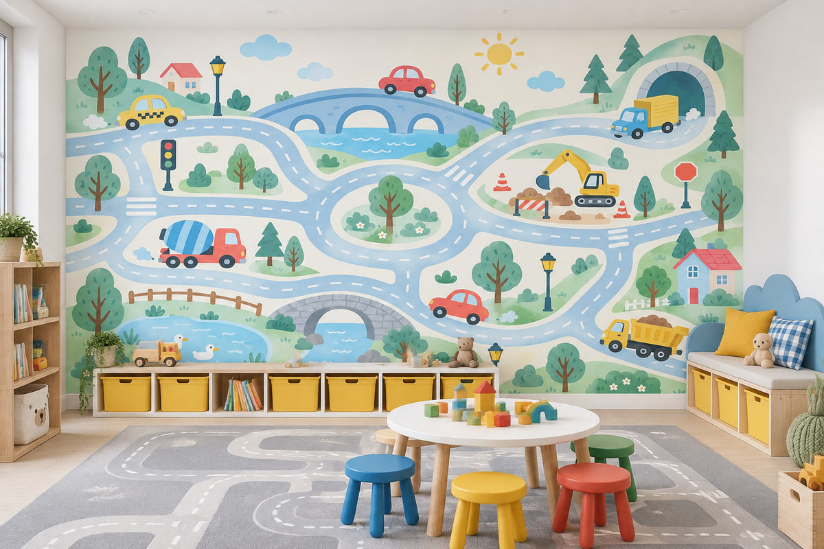 Kids Road Map Town Wallpaper Playful Landscape Wall Mural