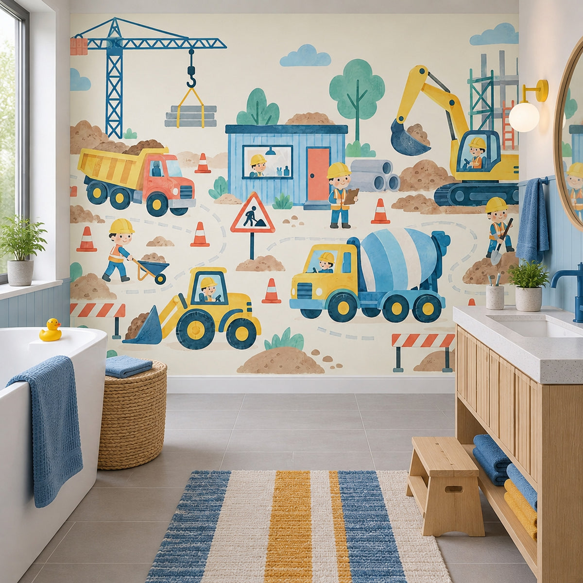 Kids Construction Site Wallpaper Watercolor Trucks And Crane Wall Mural