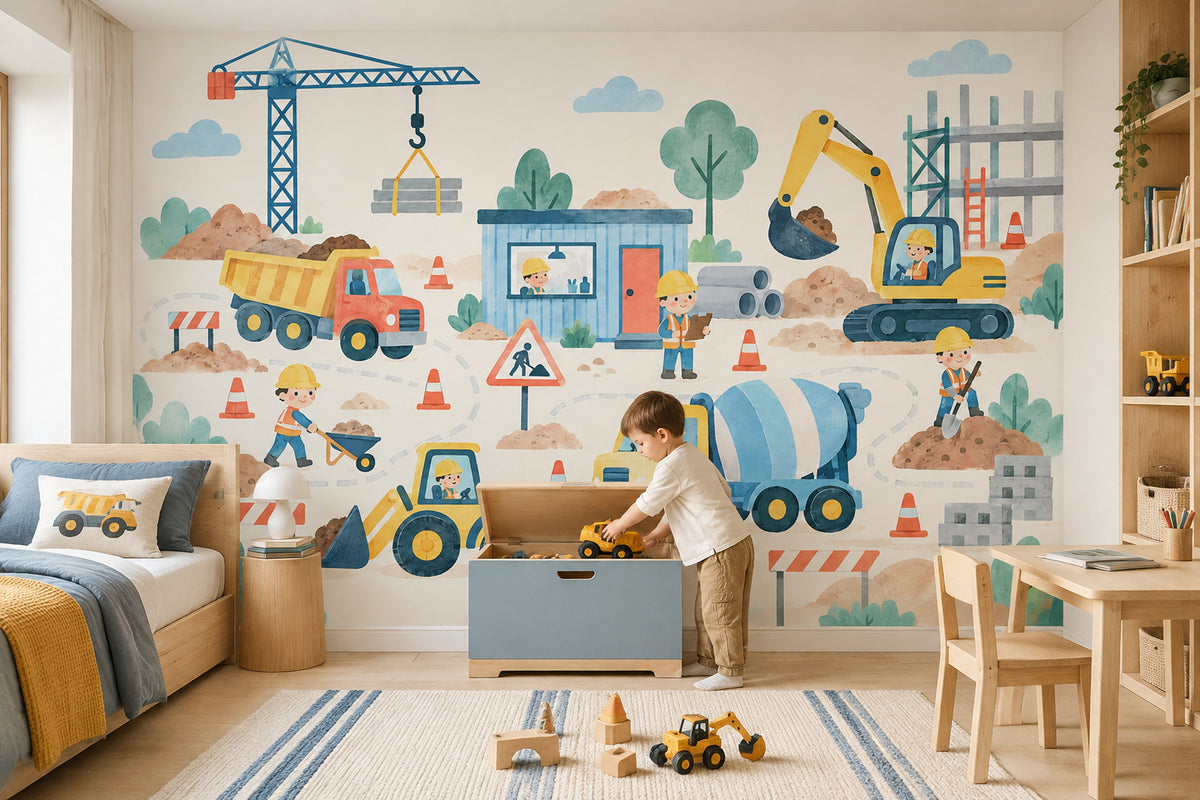 Kids Construction Site Wallpaper Watercolor Trucks And Crane Wall Mural