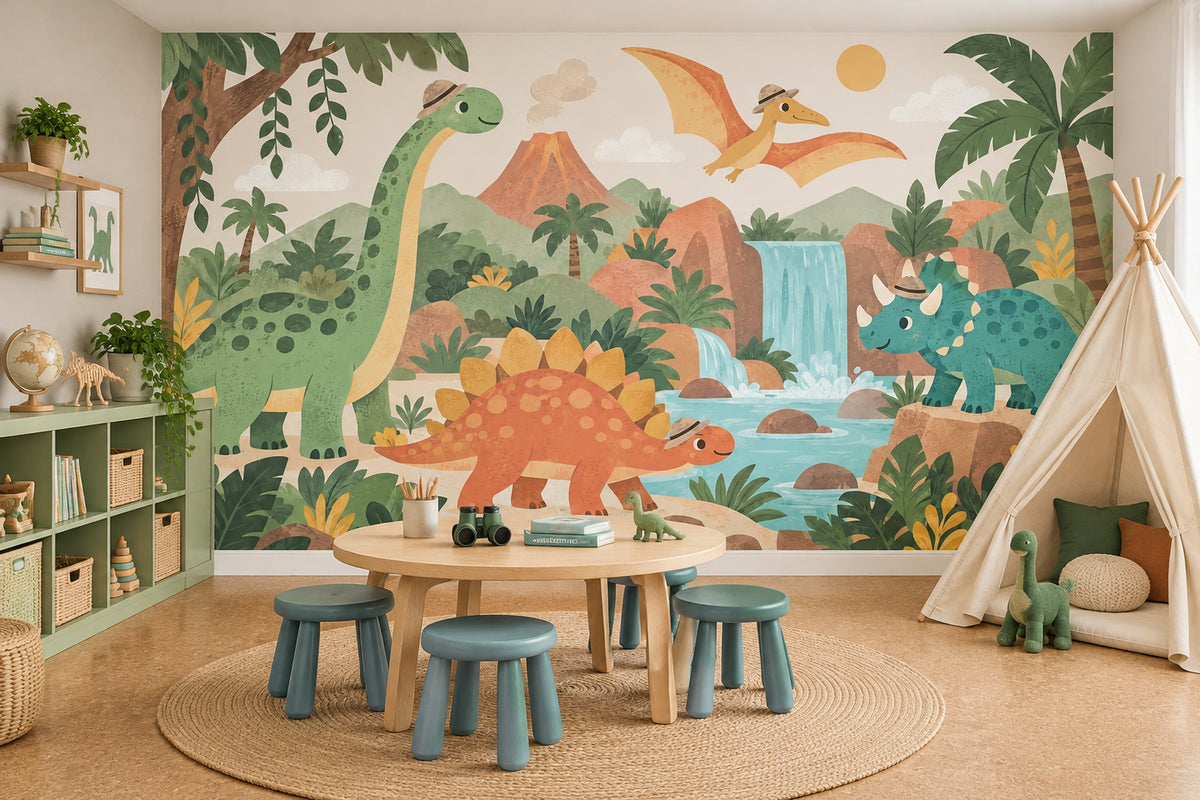 Cute Jungle Dinosaurs Wallpaper Tropical Adventure Wall Mural