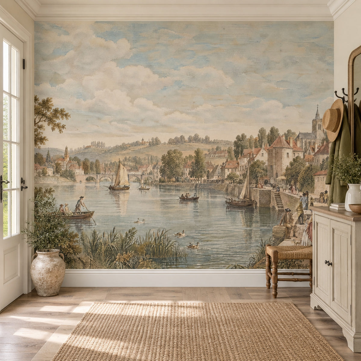 European Riverside Town Wallpaper Vintage Landscape Wall Mural