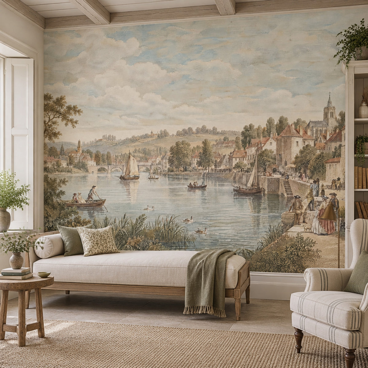 European Riverside Town Wallpaper Vintage Landscape Wall Mural