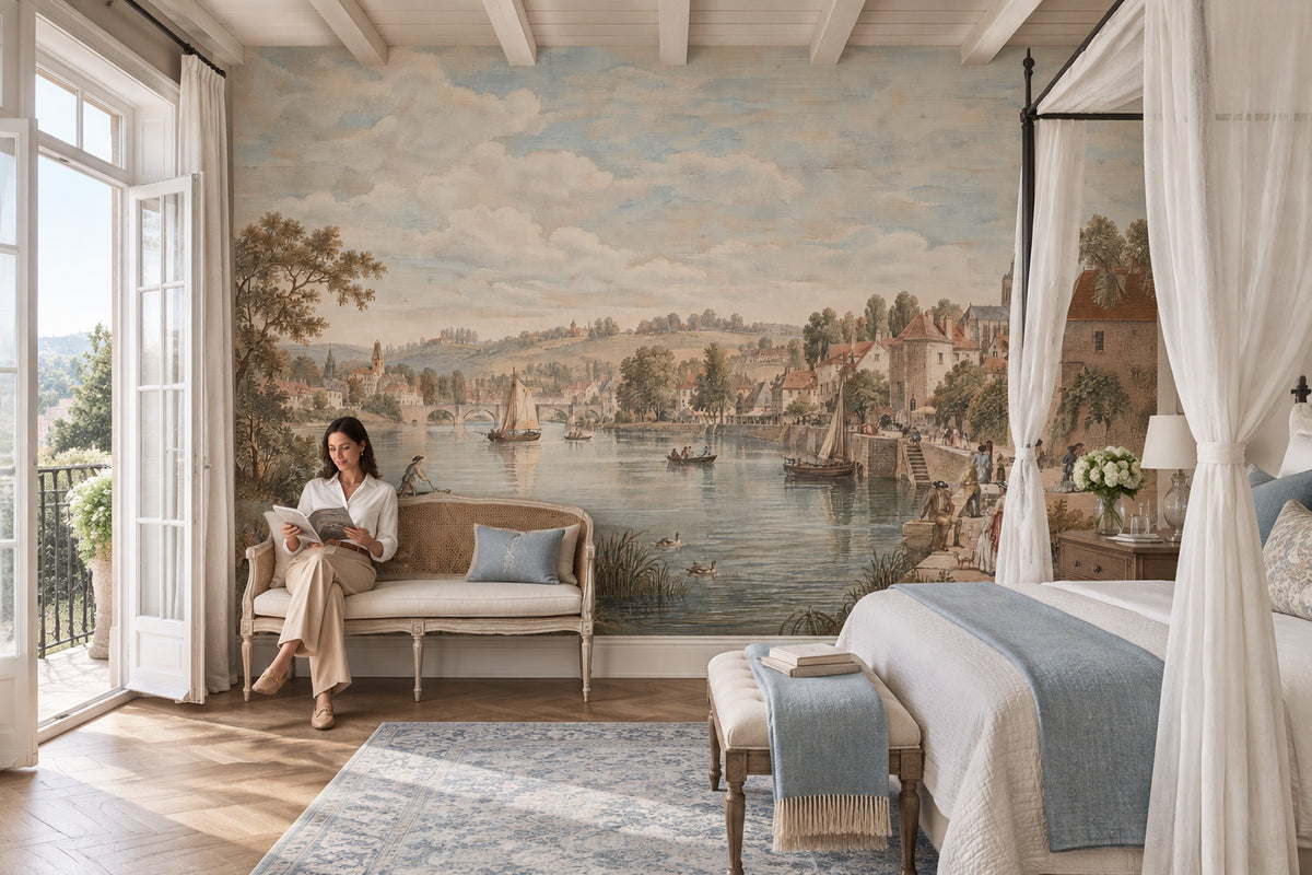 European Riverside Town Wallpaper Vintage Landscape Wall Mural