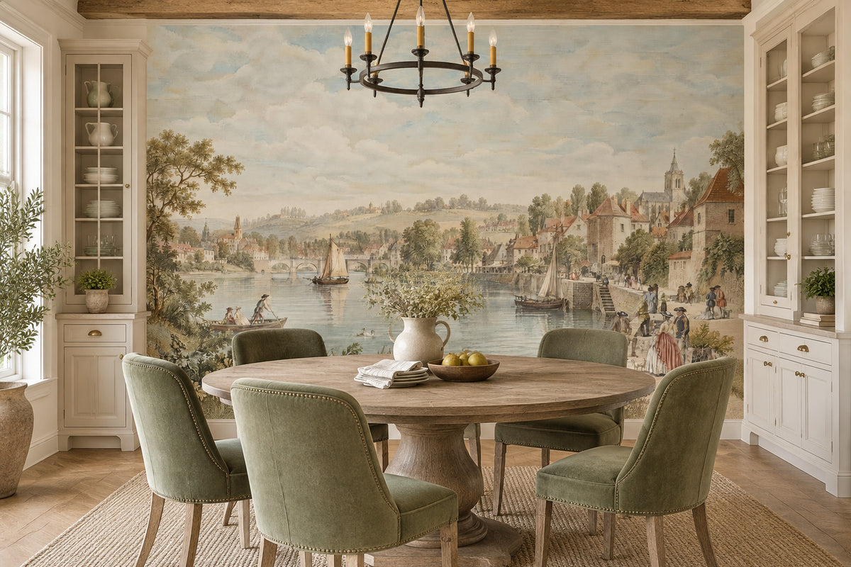 European Riverside Town Wallpaper Vintage Landscape Wall Mural