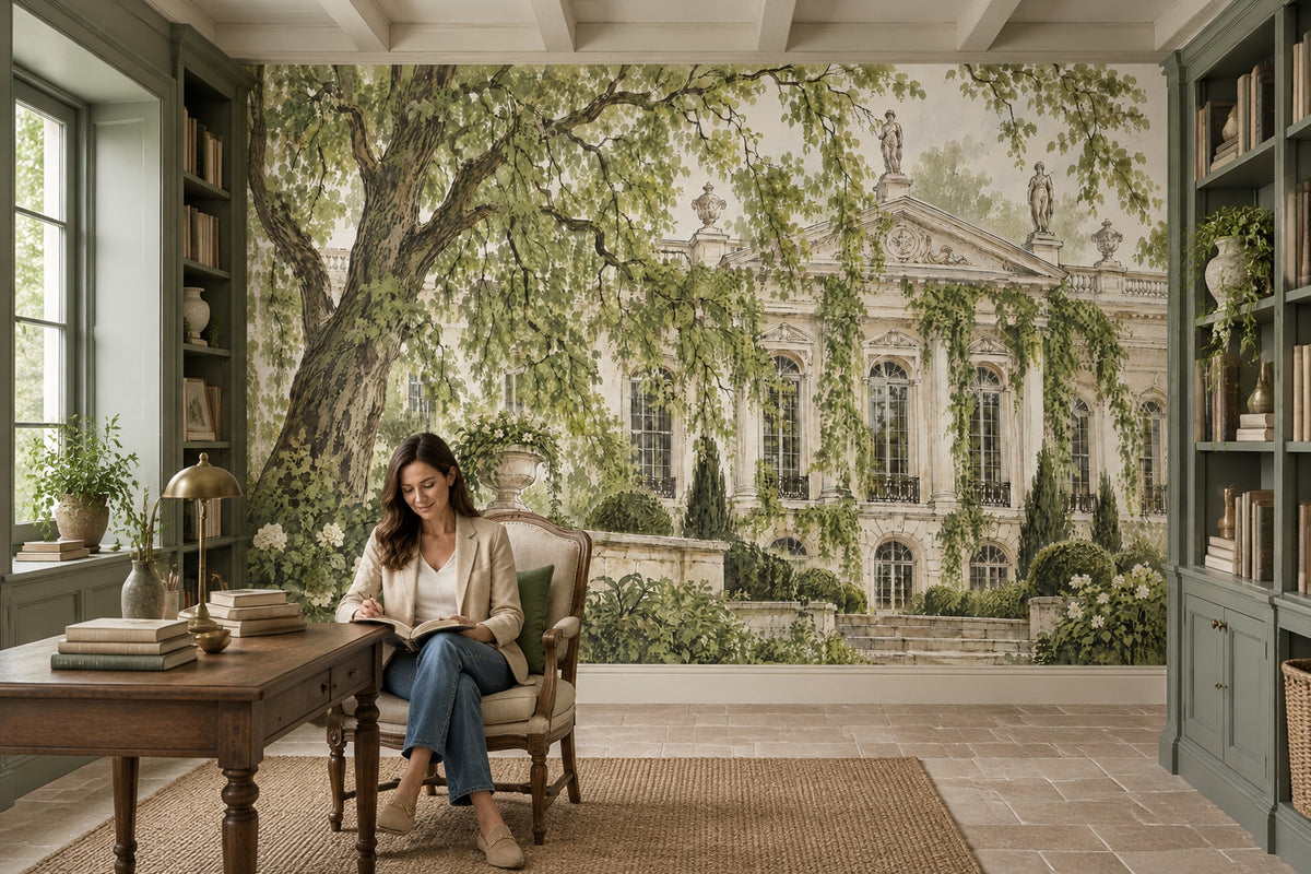 European Manor Facade Wallpaper Vintage Garden Wall Mural