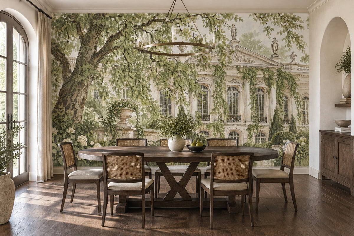 European Manor Facade Wallpaper Vintage Garden Wall Mural