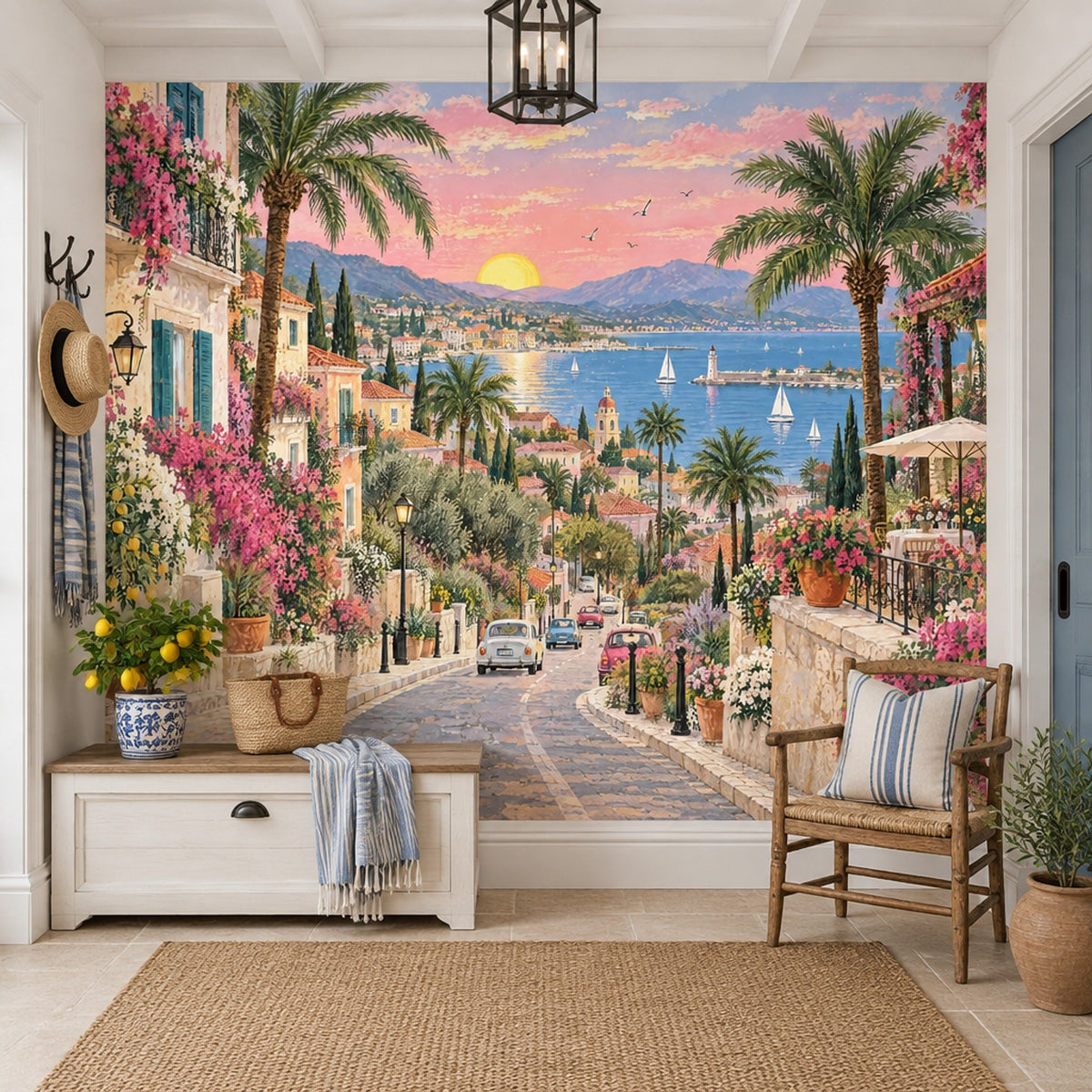 Mediterranean Coastal Village Sunset Wallpaper Romantic Seaside Wall Mural