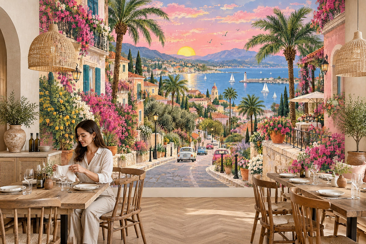 Mediterranean Coastal Village Sunset Wallpaper Romantic Seaside Wall Mural