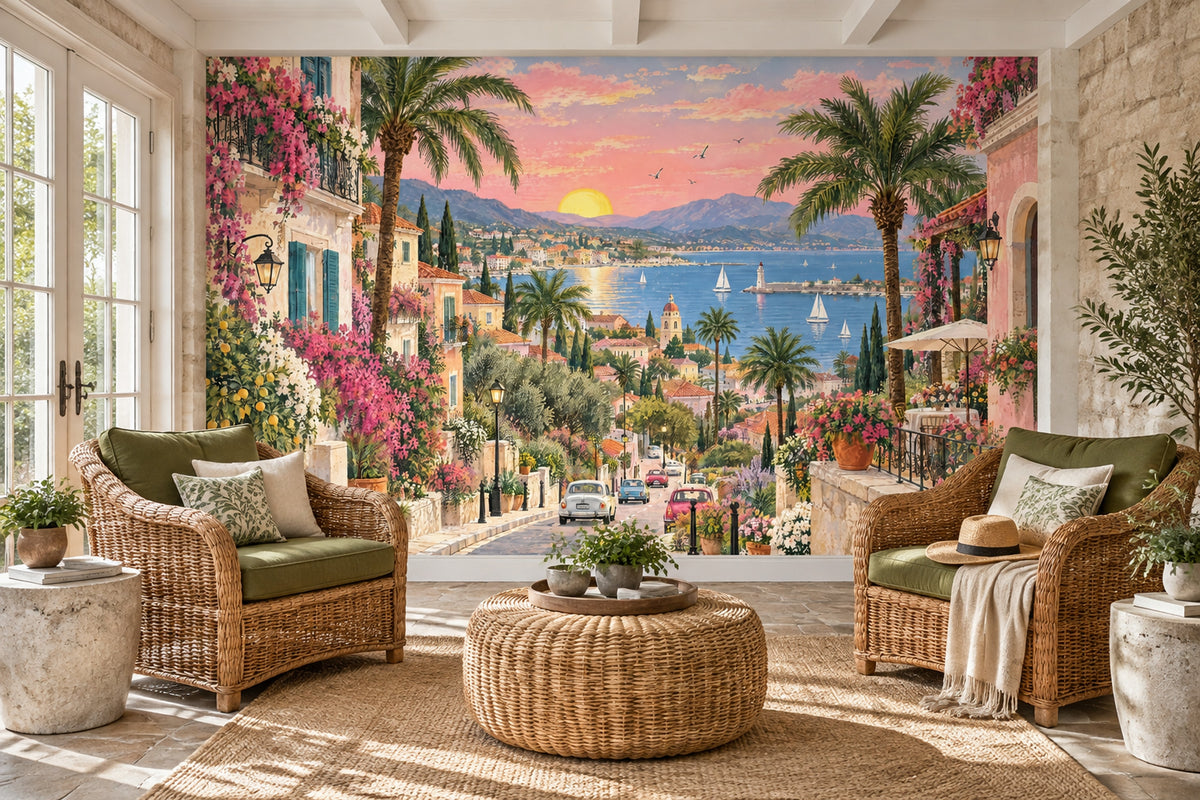 Mediterranean Coastal Village Sunset Wallpaper Romantic Seaside Wall Mural