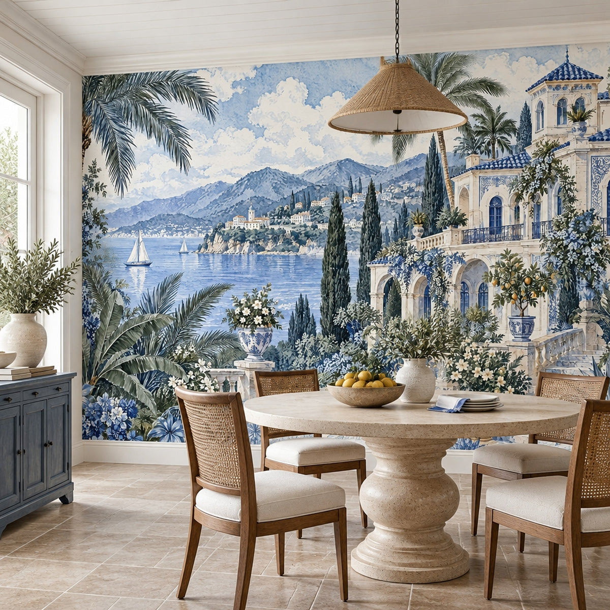 Mediterranean Villa Seascape Wallpaper Watercolor Coastal Wall Mural