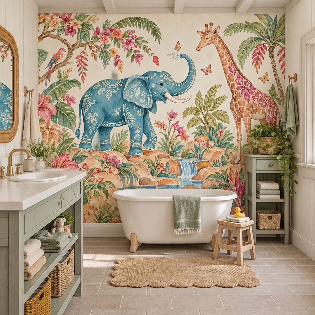 Watercolor Elephant And Giraffe Wallpaper Tropical Safari Wall Mural