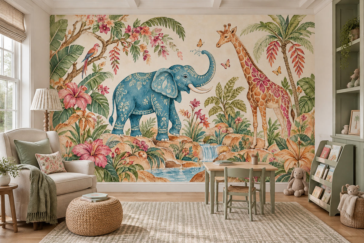Watercolor Elephant And Giraffe Wallpaper Tropical Safari Wall Mural