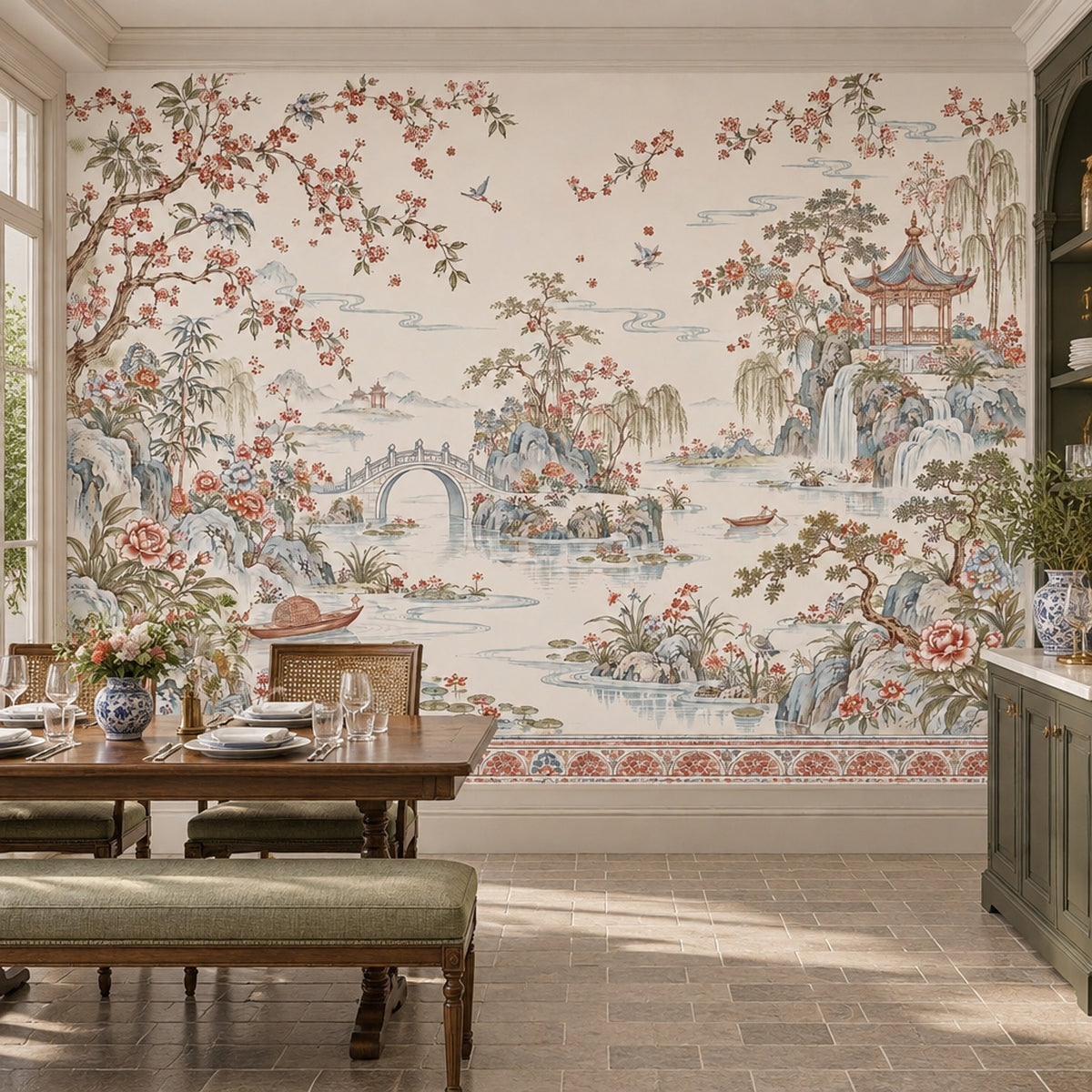 Chinoiserie Pagoda Garden Wallpaper Ivory Scenic Wall Mural