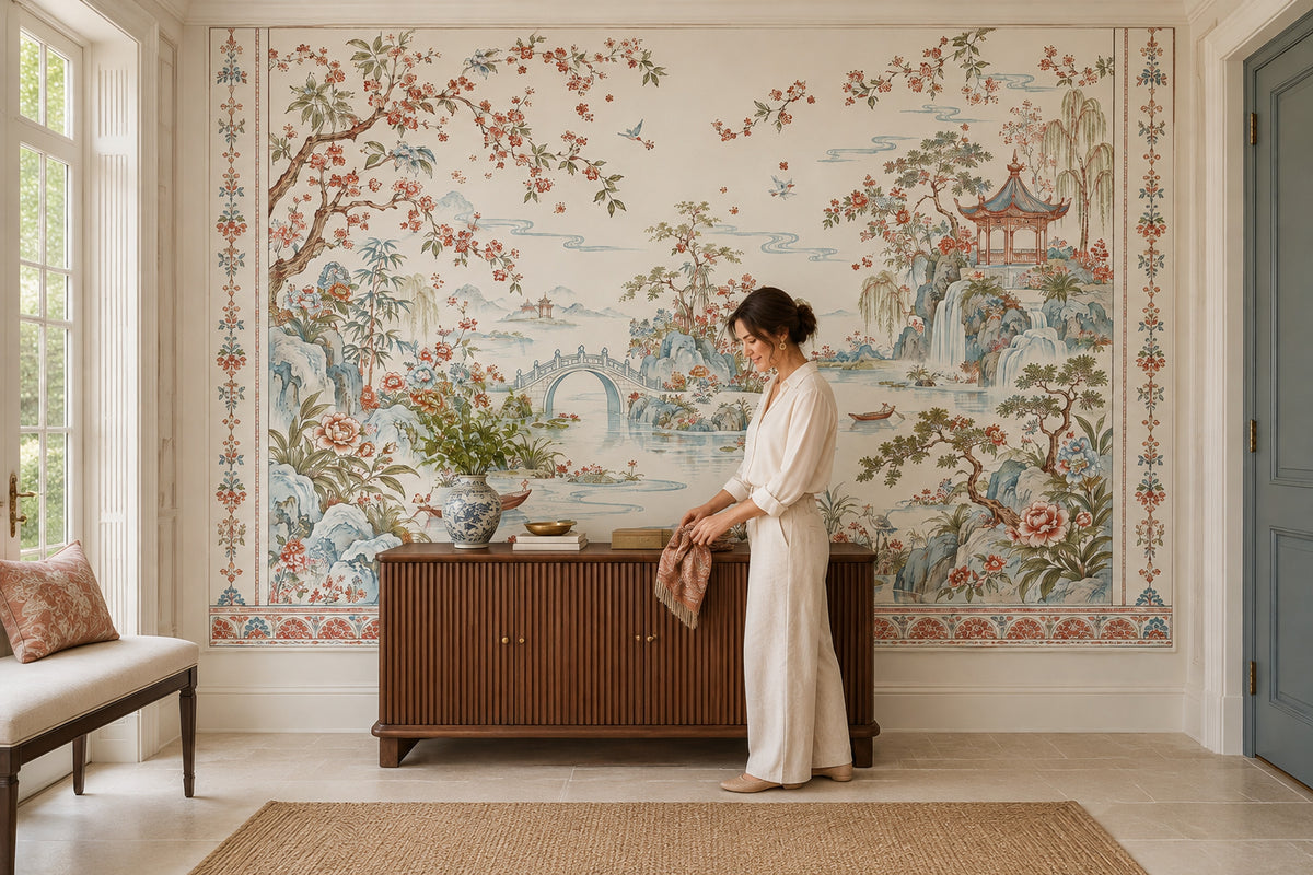 Chinoiserie Pagoda Garden Wallpaper Ivory Scenic Wall Mural