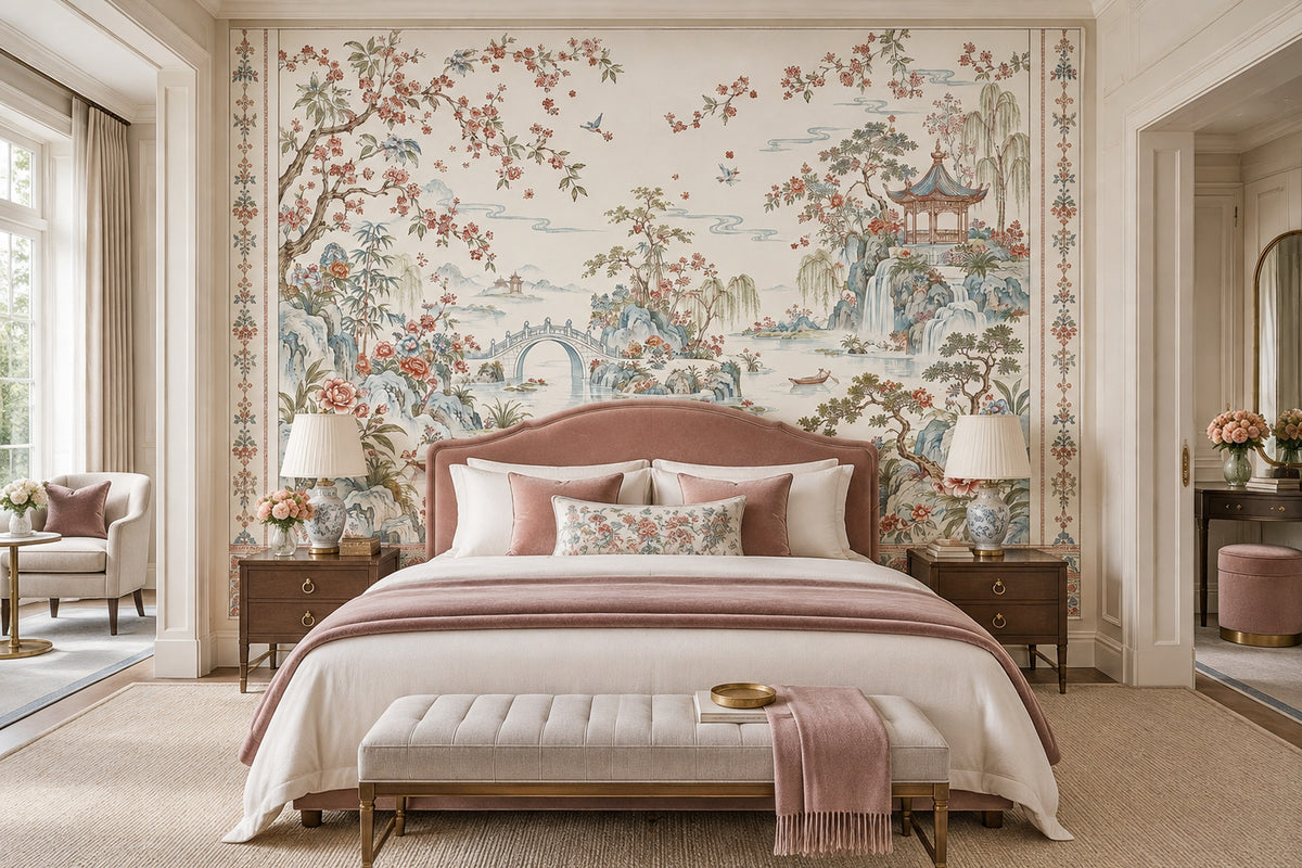 Chinoiserie Pagoda Garden Wallpaper Ivory Scenic Wall Mural