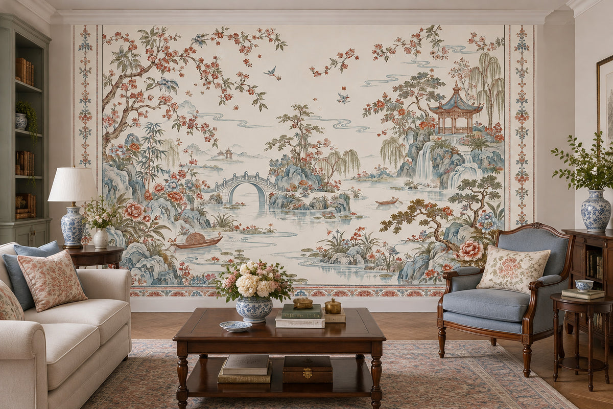 Chinoiserie Pagoda Garden Wallpaper Ivory Scenic Wall Mural