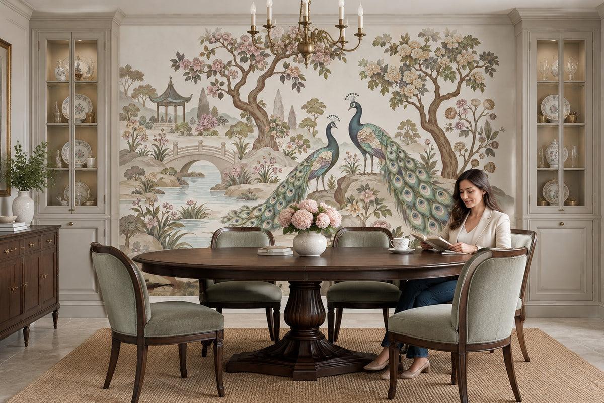 Peacocks In Chinoiserie Garden Wallpaper Pastel Landscape Wall Mural
