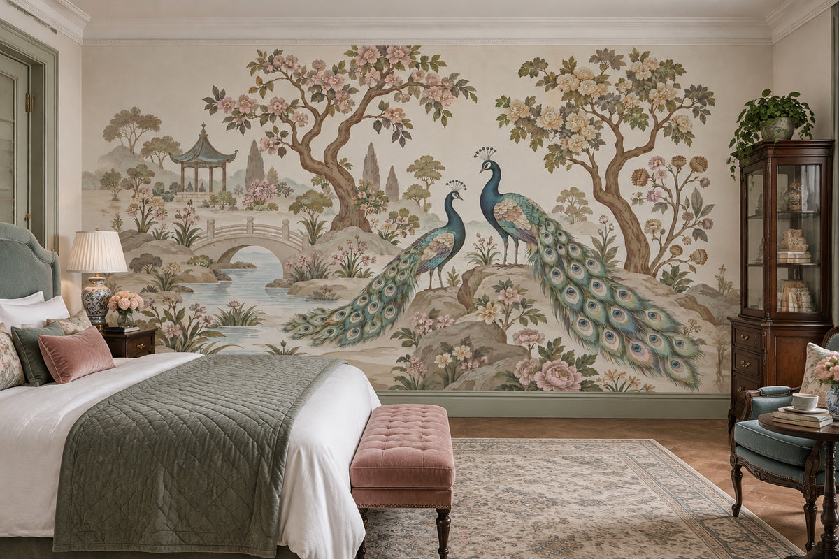 Peacocks In Chinoiserie Garden Wallpaper Pastel Landscape Wall Mural