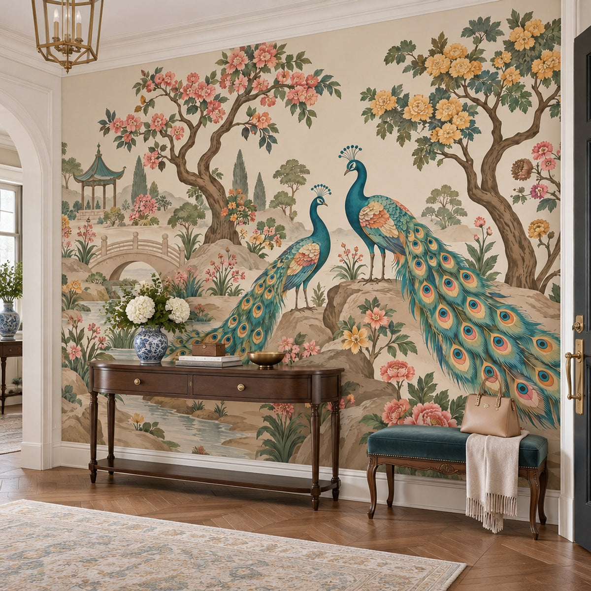 Peacocks In Chinoiserie Garden Wallpaper Pagoda Landscape Wall Mural