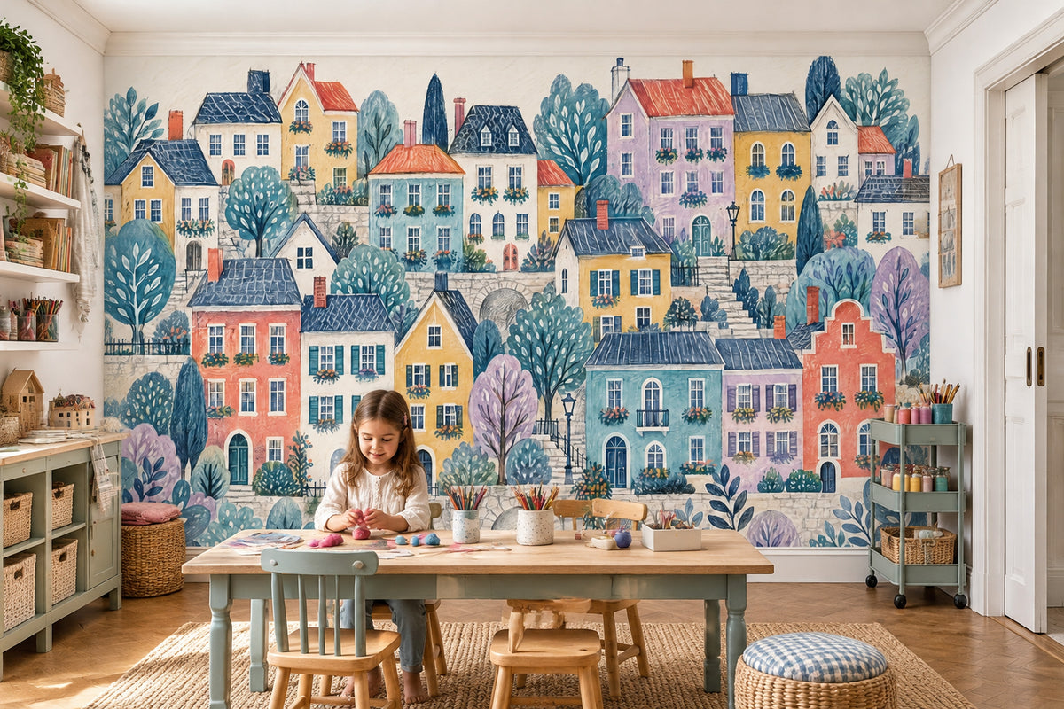 Watercolor European Street Wallpaper Pastel Village Wall Mural
