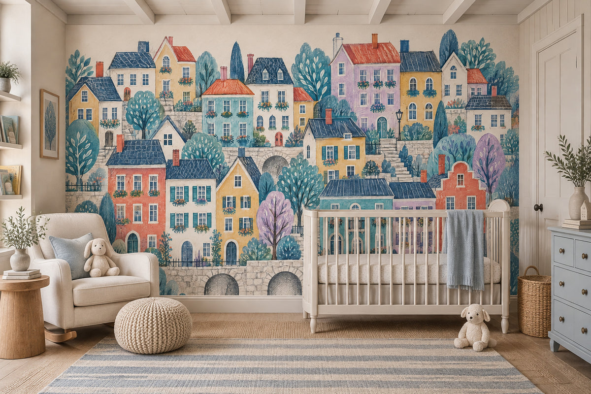 Watercolor European Street Wallpaper Pastel Village Wall Mural