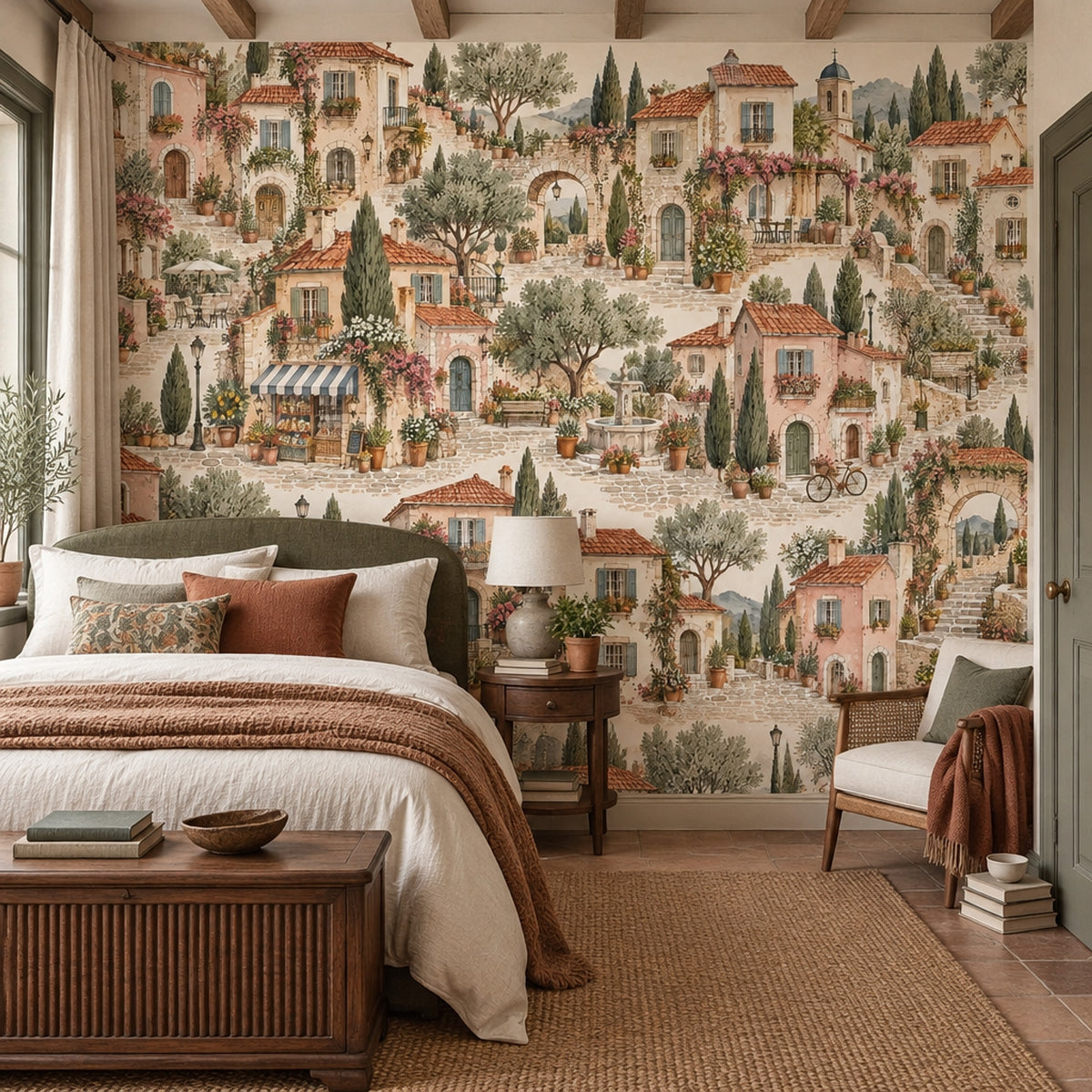 Mediterranean Stone Village Wallpaper Watercolor Street Scene Wall Mural