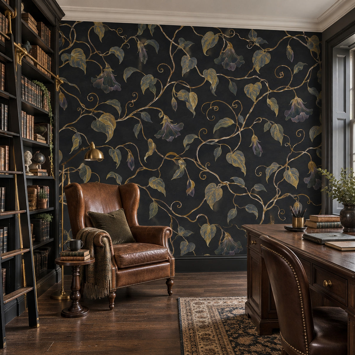 Golden Vine And Bell Flowers Wallpaper Dark Floral Wall Mural