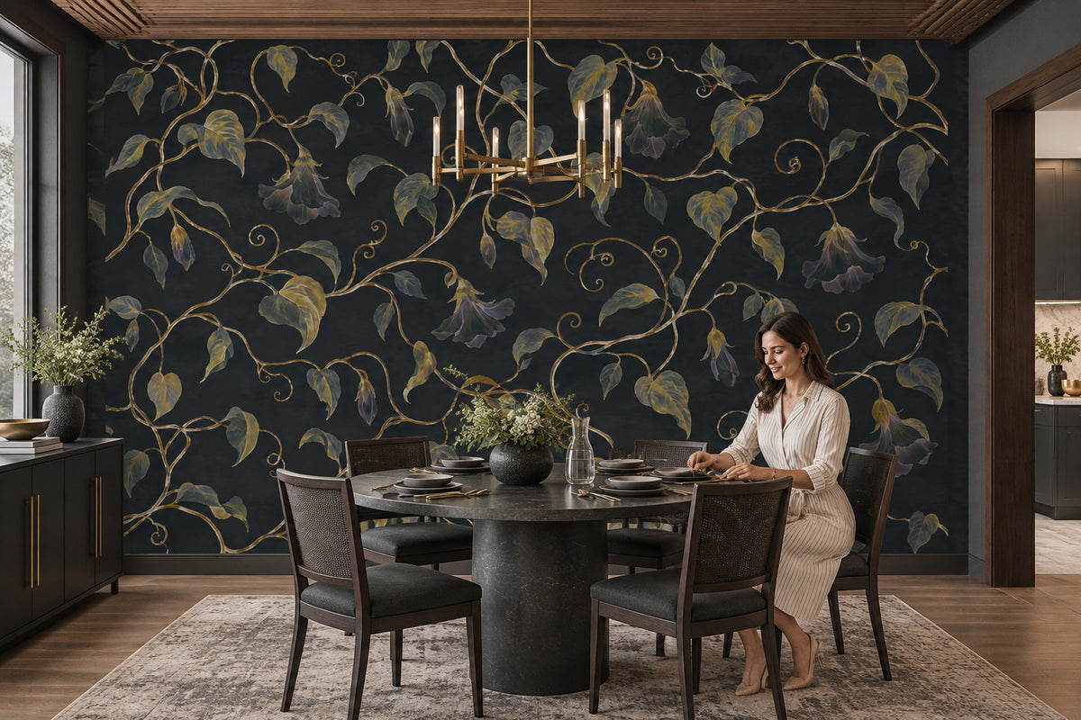 Golden Vine And Bell Flowers Wallpaper Dark Floral Wall Mural
