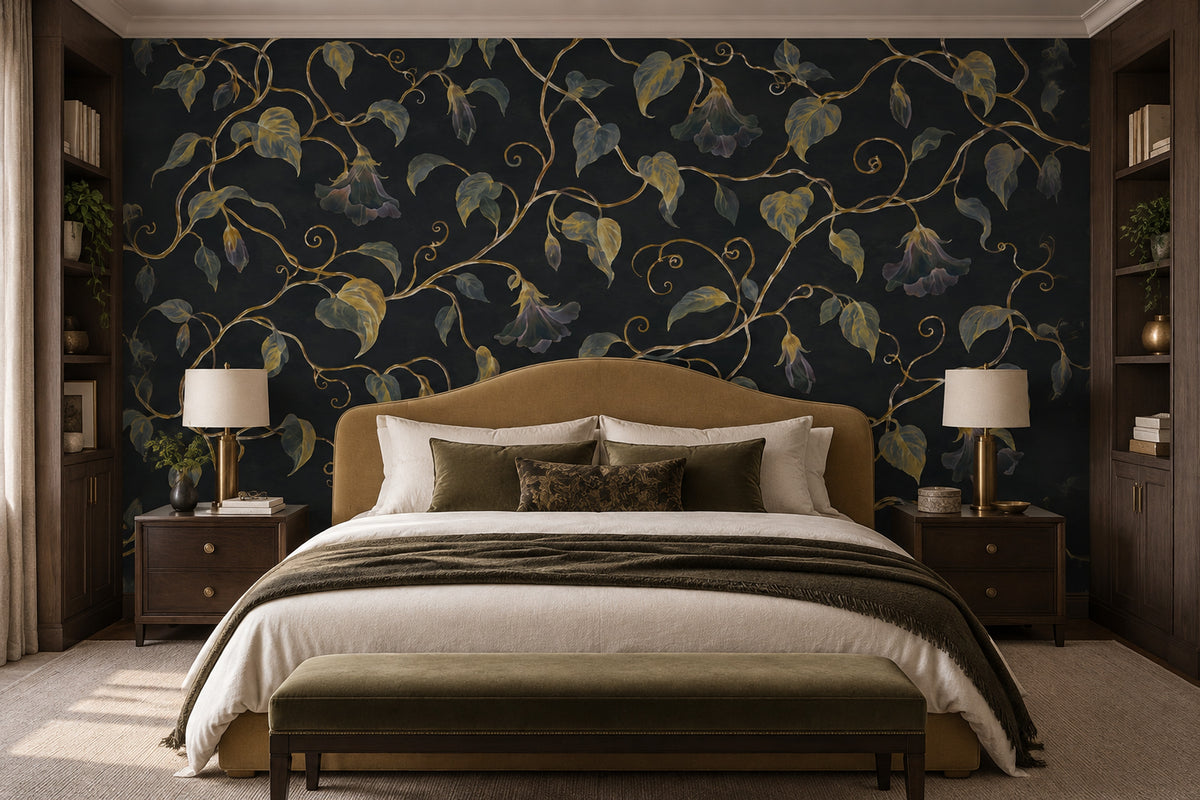 Golden Vine And Bell Flowers Wallpaper Dark Floral Wall Mural