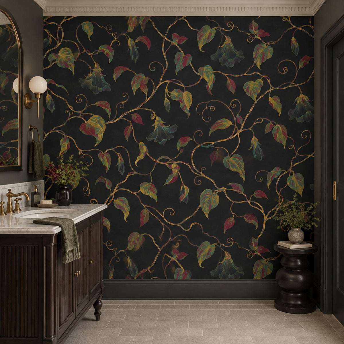 Bell Shaped Floral Vines Wallpaper Dark Botanical Wall Mural