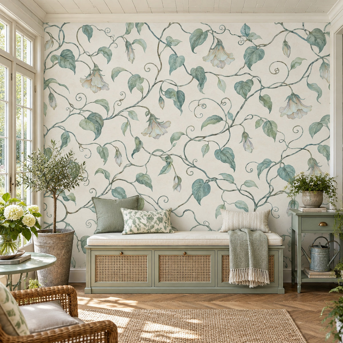 Watercolor Botanical Vines Wallpaper Cream Background Wall Mural