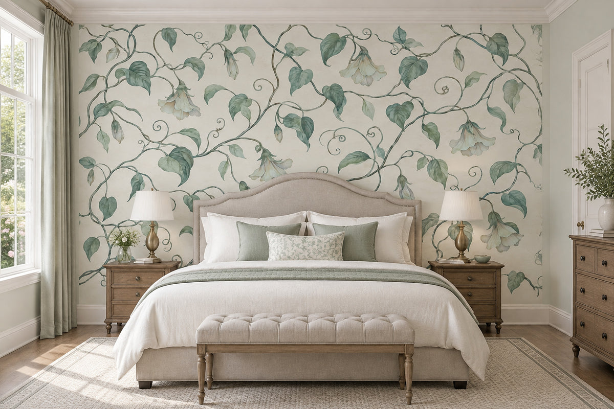 Watercolor Botanical Vines Wallpaper Cream Background Wall Mural