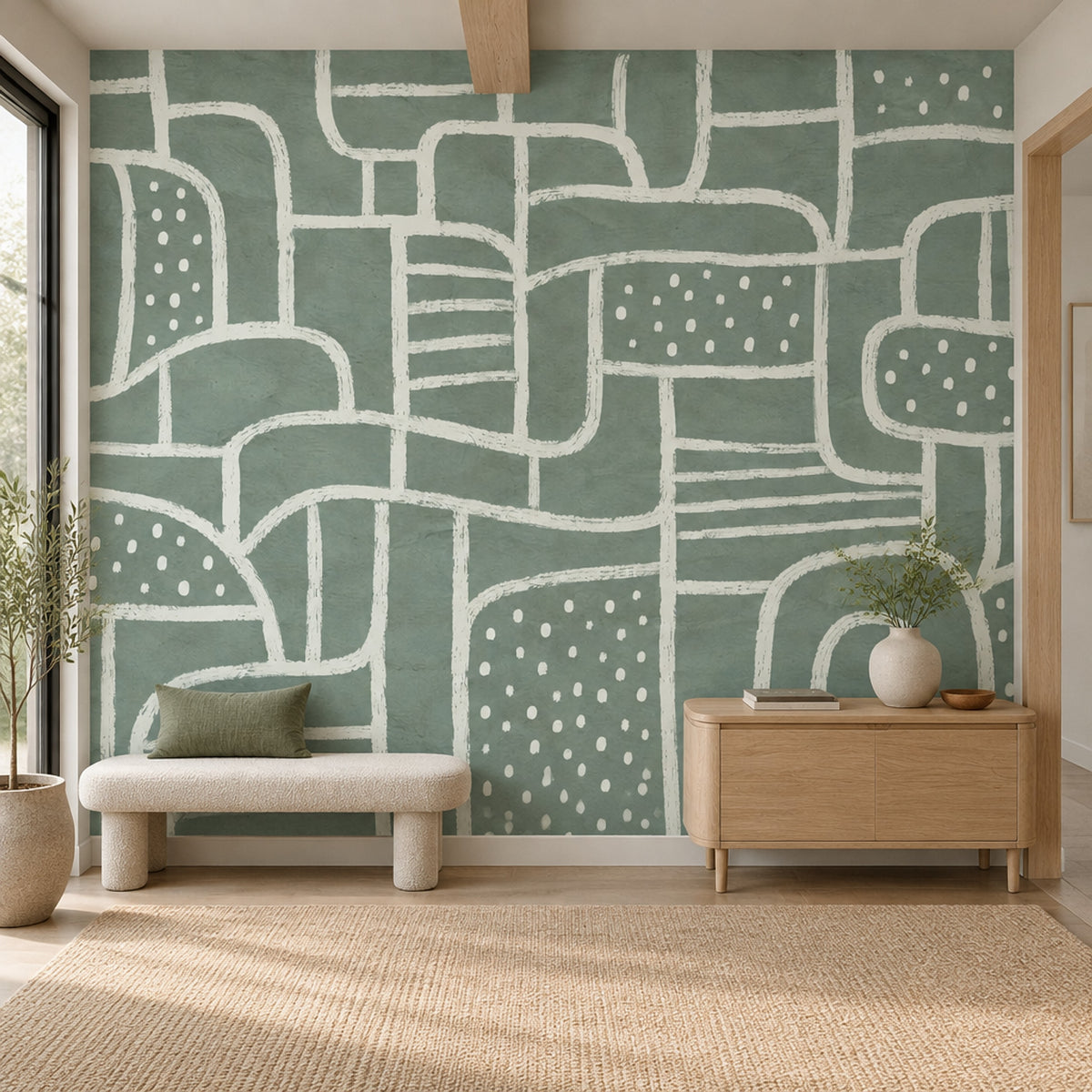 White Line Arches And Rounded Shapes Wallpaper Sage Green Wall Mural