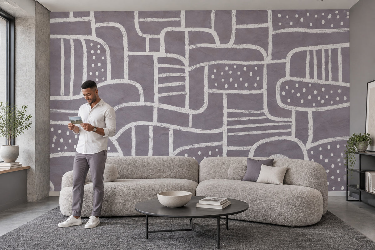 White Chalk Line Geometry Wallpaper Gray Minimalist Wall Mural