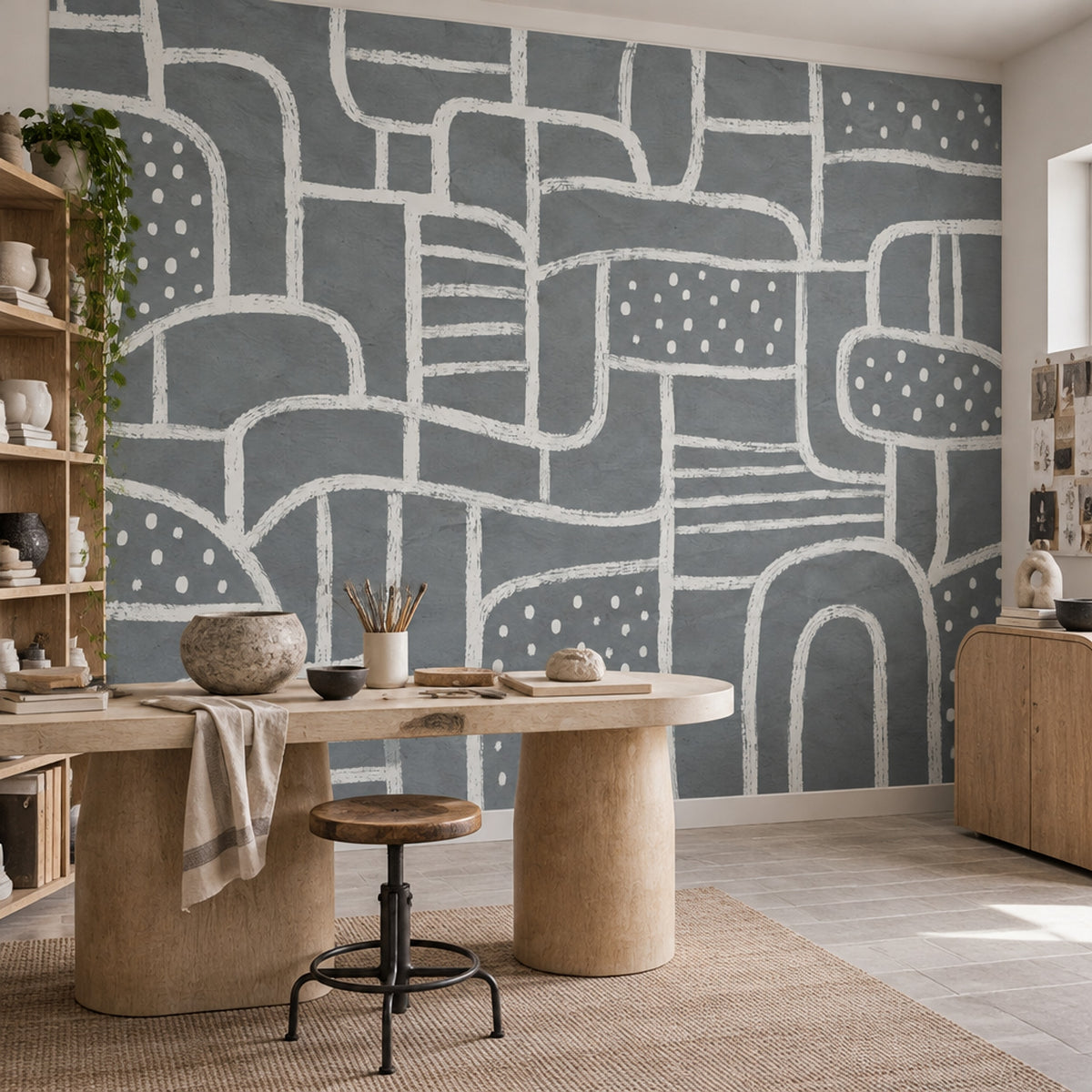White Linework Geometric Shapes Wallpaper Dark Gray Abstract Wall Mural