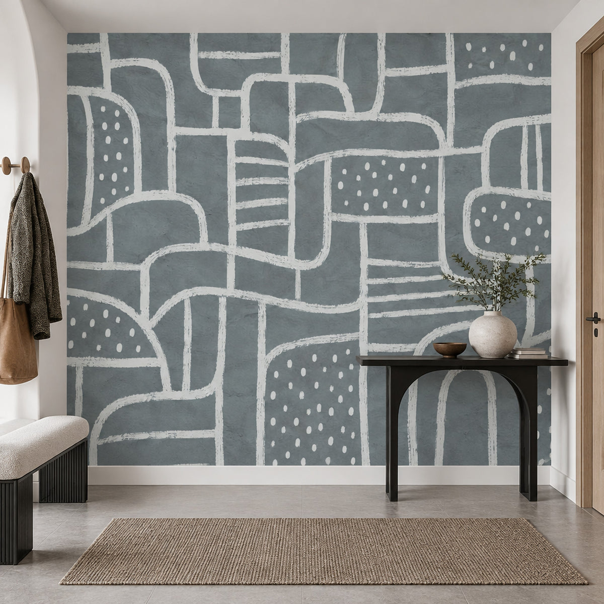 White Linework Geometric Shapes Wallpaper Dark Gray Abstract Wall Mural