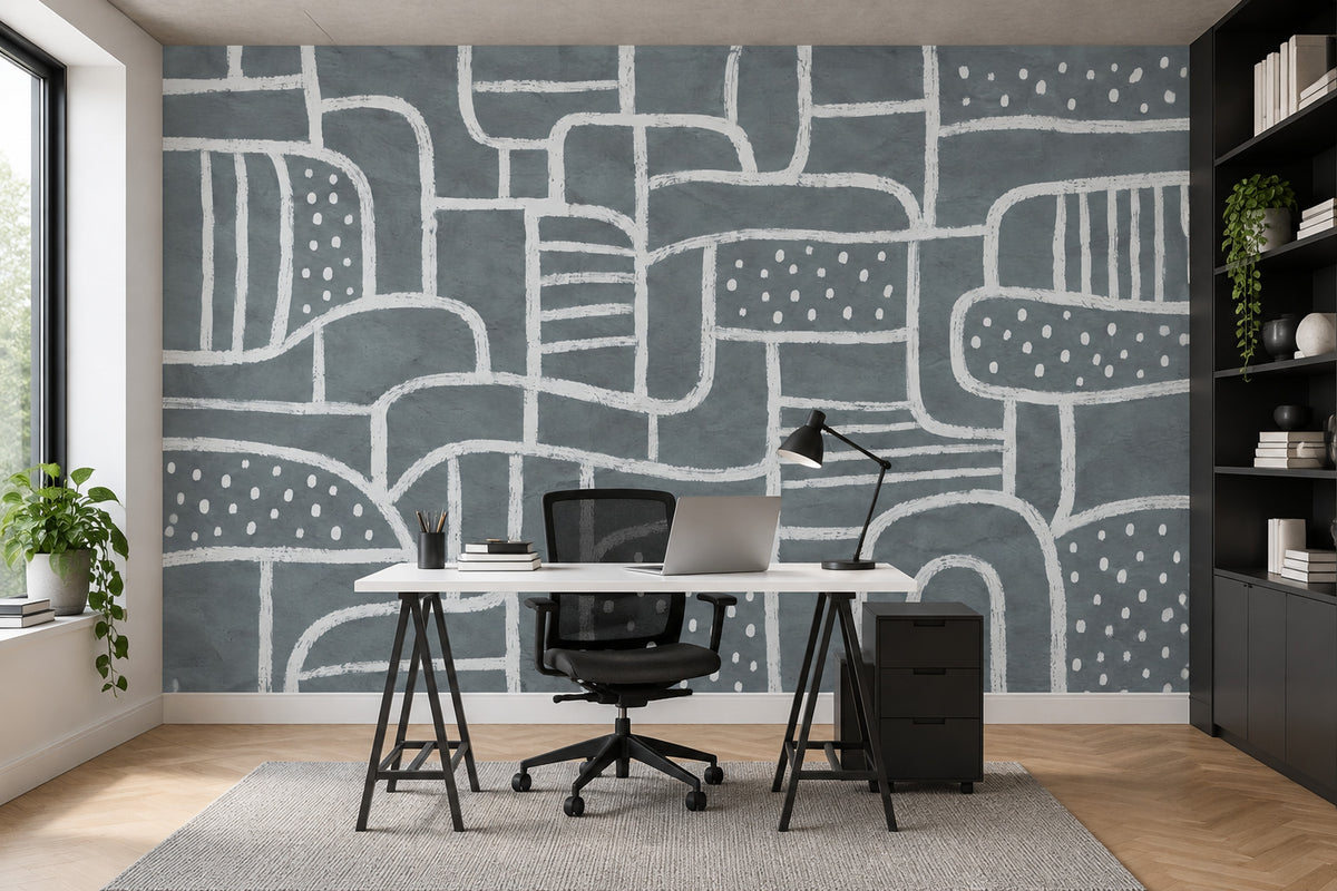 White Linework Geometric Shapes Wallpaper Dark Gray Abstract Wall Mural