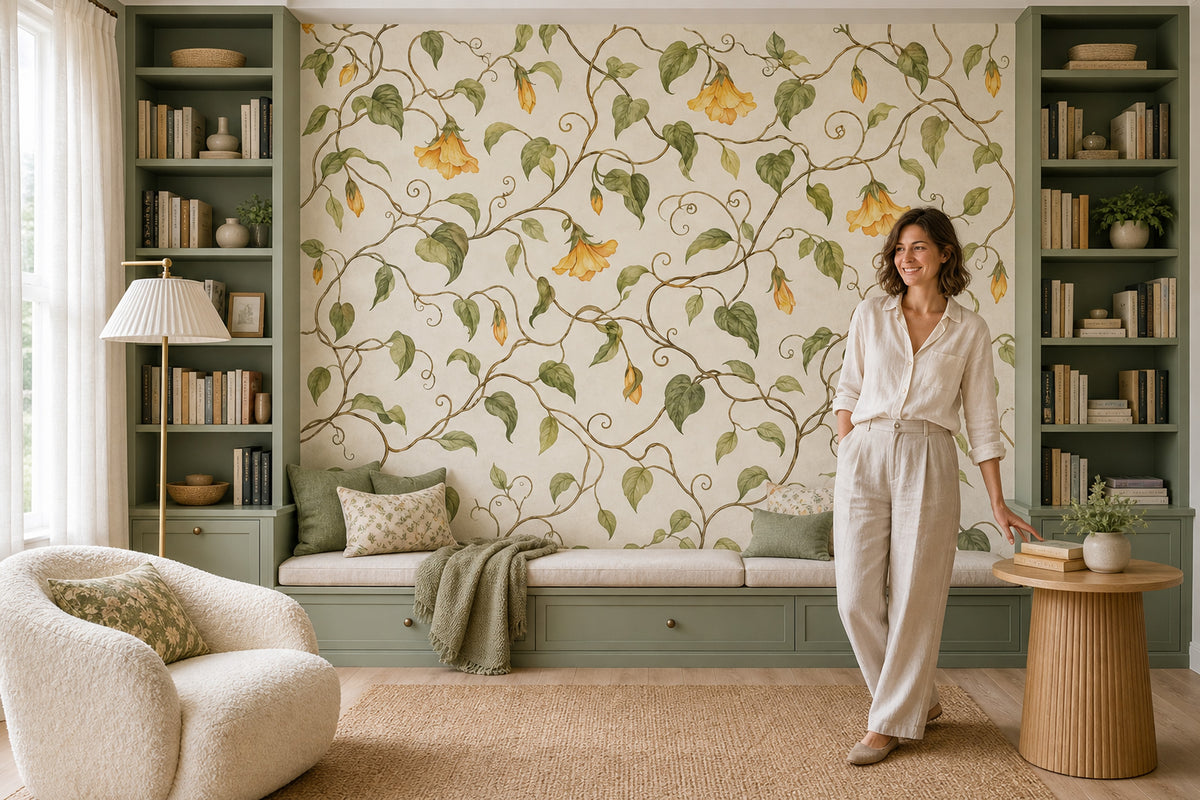 Watercolor Ivy Vines Wallpaper Muted Green Botanical Wall Mural