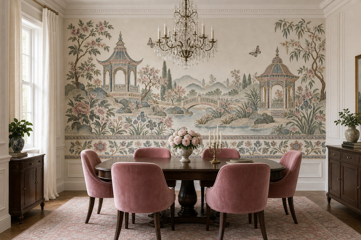 Chinoiserie Pagoda Garden Wallpaper Vintage Landscape Wall Mural