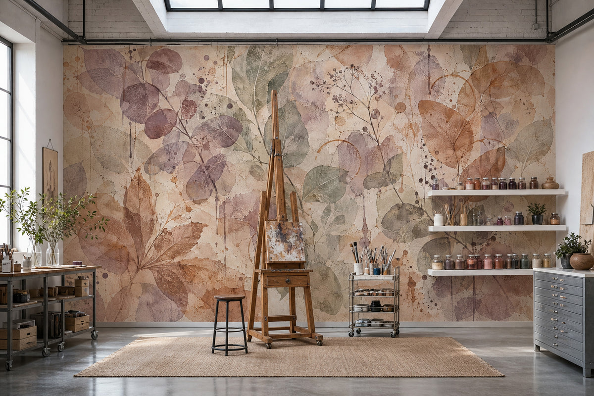 Watercolor Botanical Leaves Wallpaper Soft Beige Texture Wall Mural